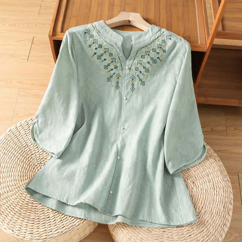 Buddha Stones Summer Casual Boho Geometry Embroidery Floral V-Neck Women's Three-Quarter Sleeve Shirts