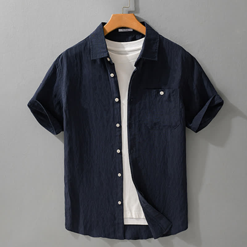 Buddha Stones Summer Casual Minimalist Patch Pocket Solid Men's Short Sleeve Shirts