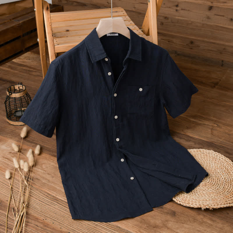 Buddha Stones Summer Casual Minimalist Patch Pocket Solid Men's Short Sleeve Shirts