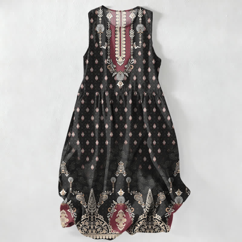 Buddha Stones Summer Casual Pink Ethnic Floral Pattern Women's Summer Sleeveless Midi Dress With Pockets