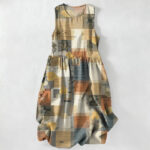 Buddha Stones Summer Casual Patchwork Leaf Geometric Pattern Women's Summer Sleeveless Midi Dress With Pockets