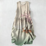 Buddha Stones Summer Casual Peach Blossom Tree Sika Deer Landscape Pattern Women's Summer Sleeveless Midi Dress With Pockets
