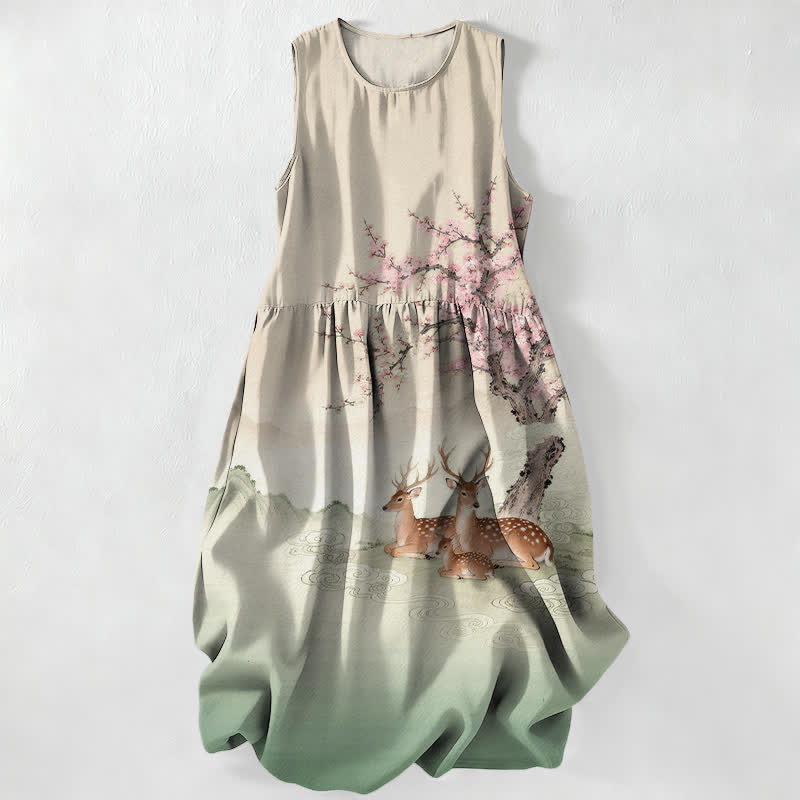 Buddha Stones Summer Casual Peach Blossom Tree Sika Deer Landscape Pattern Women's Summer Sleeveless Midi Dress With Pockets