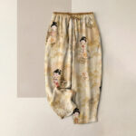 Buddha Stones Pure Cotton Vintage Geisha Floral Pattern Women's Elastic Waist Pants With Pockets