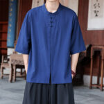 Buddha Stones Spring Summer Tang Style Casual Frog Button Solid Cotton Linen Men's Elbow-Length Sleeve Shirts