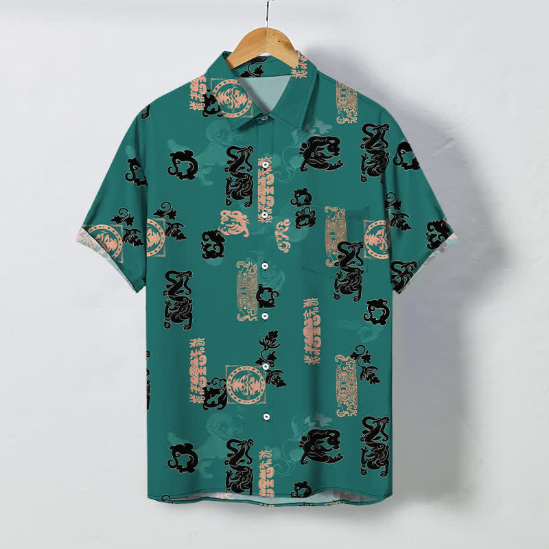Buddha Stones Vintage Teal Letter Pattern Buttons Breathable Men's Short Sleeve Shirt