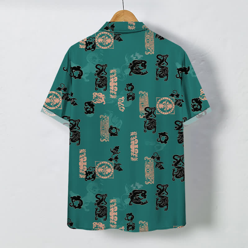 Buddha Stones Vintage Teal Letter Pattern Buttons Breathable Men's Short Sleeve Shirt