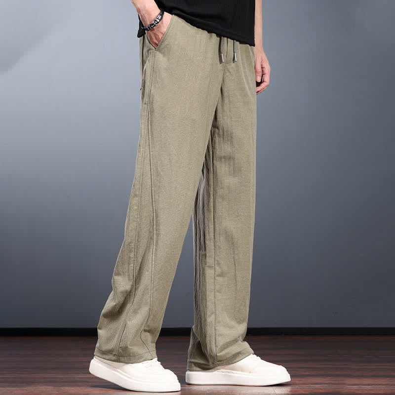 Buddha Stones Spring Summer Casual Minimalist Drawstring Elastic Waist Solid Long Pants Men's Straight Leg Pants With Pockets