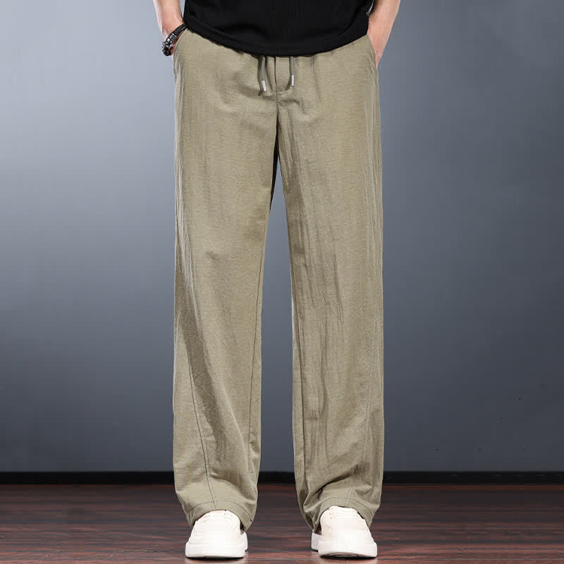 Buddha Stones Spring Summer Casual Minimalist Drawstring Elastic Waist Solid Long Pants Men's Straight Leg Pants With Pockets