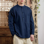 Buddha Stones Spring Tang Style Minimalist Mandarin Collar Solid Linen Cotton Men's Long Sleeve Shirts With Patch Pocket