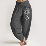 Buddha Stones Pure Cotton White Lotus Line Art Pattern Women's Elastic Waist Harem Pants
