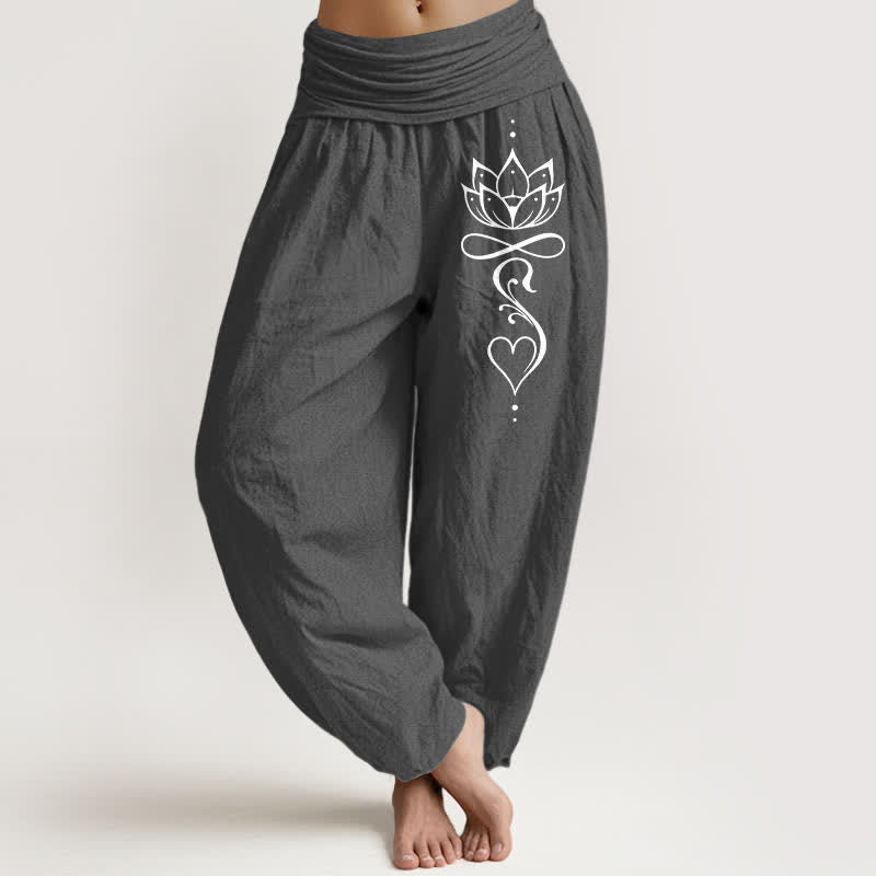 1781688093_04a72cb0-d890-452d-b743-50c8fd473fd2 Buddha Stones Pure Cotton White Lotus Line Art Pattern Women's Elastic Waist Harem Pants - Image 1