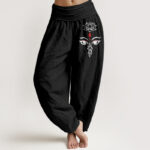 Buddha Stones Pure Cotton White Lotus Eye Pattern Women's Elastic Waist Harem Pants