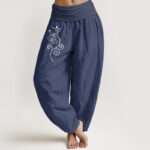 Buddha Stones Pure Cotton White Lotus Floral Vine Pattern Women's Elastic Waist Harem Pants