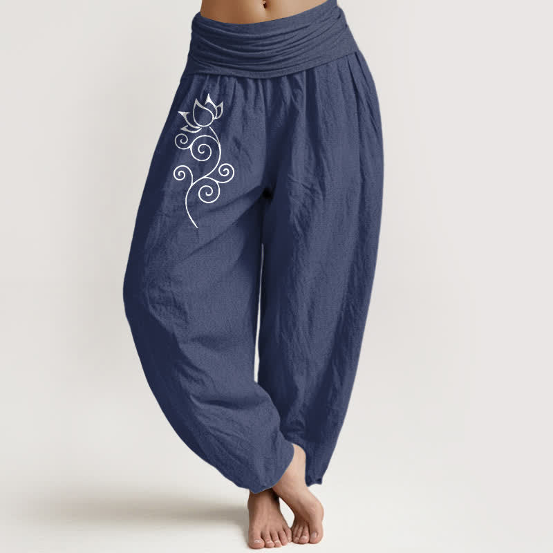 1781694625 Buddha Stones Pure Cotton White Lotus Floral Vine Pattern Women's Elastic Waist Harem Pants - Image 1