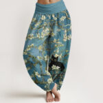 Buddha Stones Pure Cotton Botanical Blossom Cat Pattern Women's Elastic Waist Harem Pants