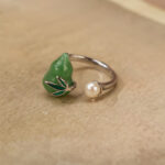 Buddha Stones Green Aventurine Gourd Pearl Leaf Open Adjustable Positivity Ring