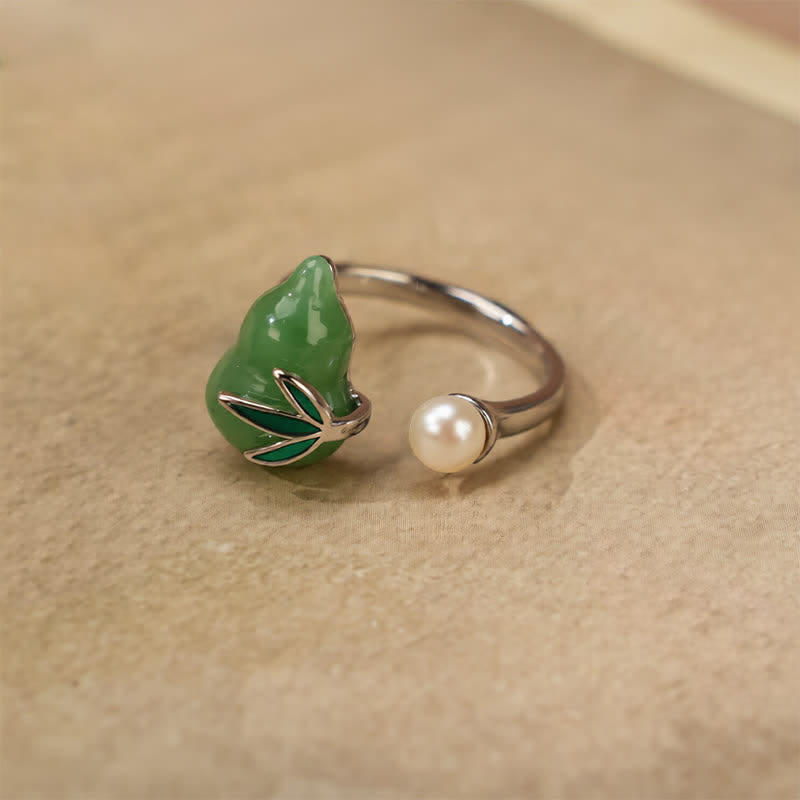 Buddha Stones Green Aventurine Gourd Pearl Leaf Open Adjustable Positivity Ring