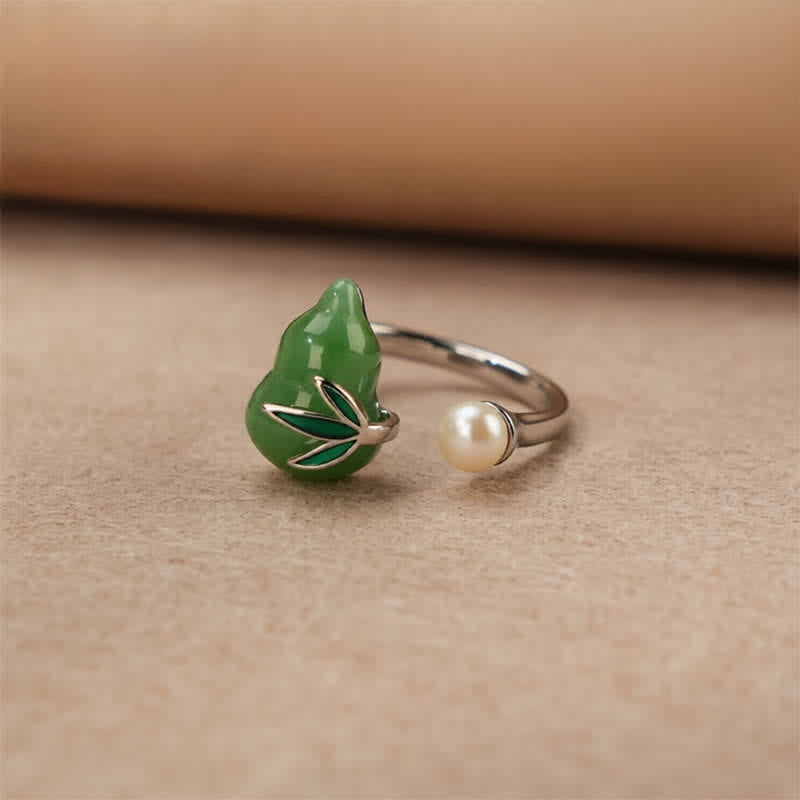 Buddha Stones Green Aventurine Gourd Pearl Leaf Open Adjustable Positivity Ring