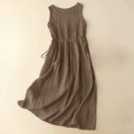 Buddha Stones Casual Plain Handmade Drawstring Waist Midi Dress Sleeveless Dress With Pockets
