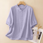 Buddha Stones Summer Casual Elegant Tang Style Vine Embroidery Crew Neck Button-Up Solid Women's Short Sleeve Shirts