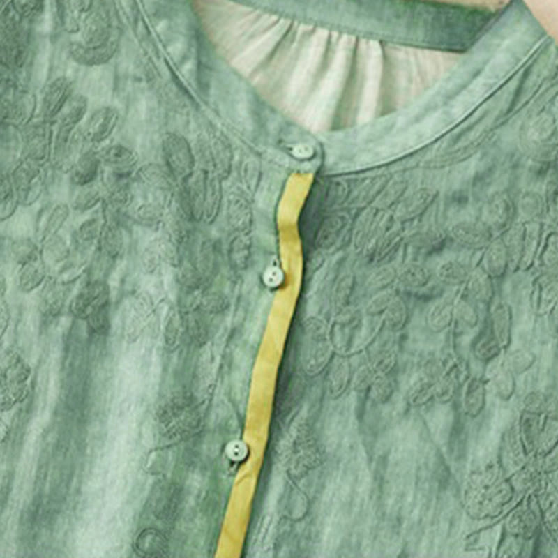 Buddha Stones Summer Casual Embroidered Stand Collar Design Three Quarter Sleeve Midi Dress
