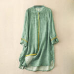 Buddha Stones Summer Casual Embroidered Stand Collar Design Three Quarter Sleeve Midi Dress