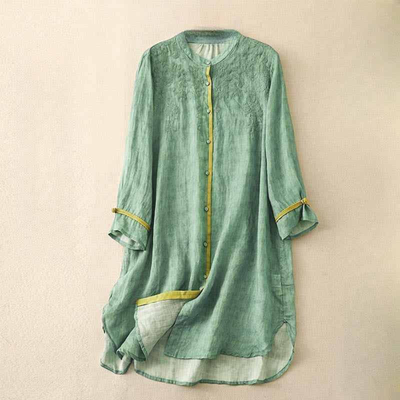 Buddha Stones Summer Casual Embroidered Stand Collar Design Three Quarter Sleeve Midi Dress