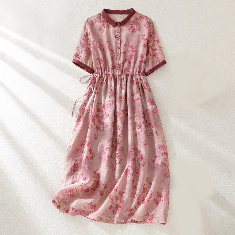 1781882500_4f571804-79ba-44ad-9e68-fafd1a6de976 Buddha Stones Printing Buttons Drawstring High Waist Short Sleeve Midi Dress With Pockets - Image 1