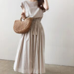 Buddha Stones Casual Eastic Waist Drawstring Design Short Sleeve Midi Dress
