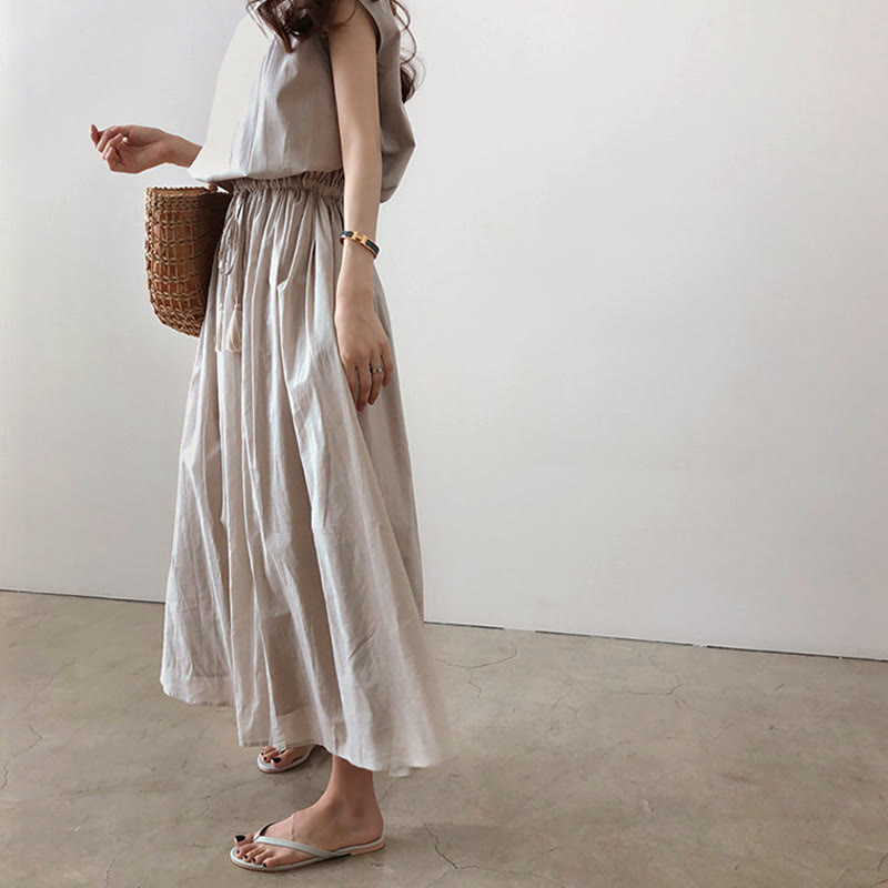 Buddha Stones Casual Eastic Waist Drawstring Design Short Sleeve Midi Dress