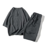 Buddha Stones 2Pcs Plain Notched Collar T-Shirt Wide Leg Shorts With Pockets Men's Meditation Cloth Set