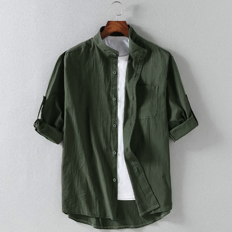 Buddha Stones Vintage Casual Plain Single Breasted Three Quarter Sleeve Men's Shirt With Pocket