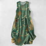 Buddha Stones Summer Casual Oriental Flying Crane Calligraphy Pattern Women's Summer Sleeveless Midi Dress With Pockets