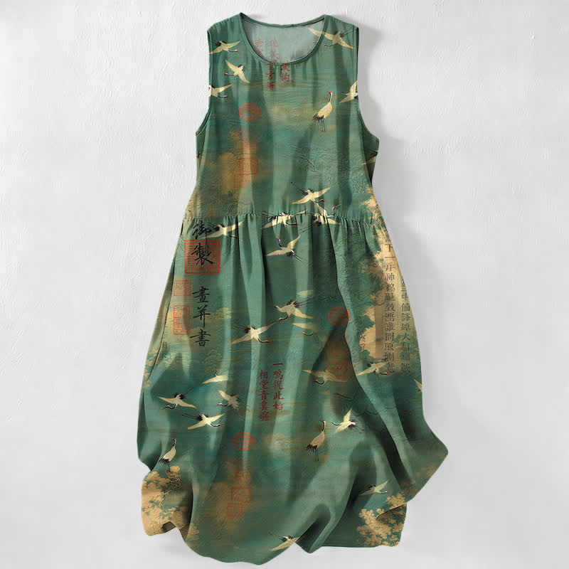 Buddha Stones Summer Casual Oriental Flying Crane Calligraphy Pattern Women's Summer Sleeveless Midi Dress With Pockets