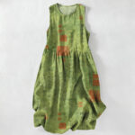 Buddha Stones Summer Casual Chinese Calligraphy Seal Pattern Women's Summer Sleeveless Midi Dress With Pockets
