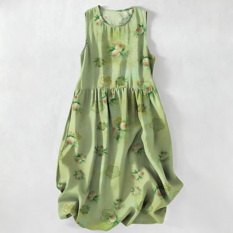 Buddha Stones Summer Casual Pink Floral Leaves Pattern Women's Summer Sleeveless Midi Dress With Pockets