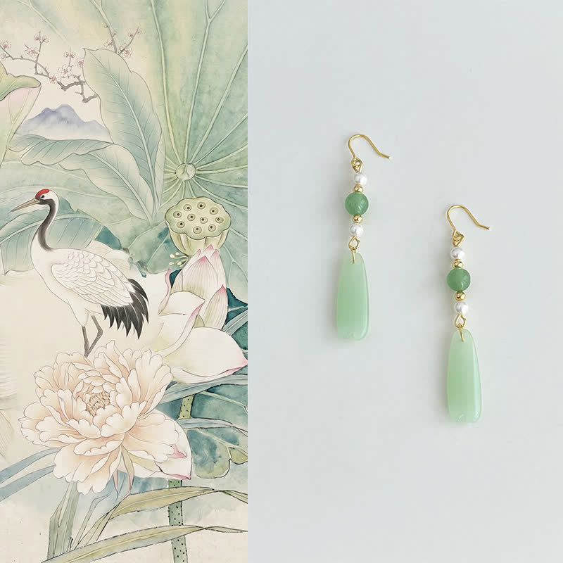 Buddha Stones Green Aventurine Pearl Liuli Teardrop Luck Earrings