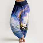 Buddha Stones Pure Cotton Starry Lotus Panda Pattern Women's Elastic Waist Harem Pants