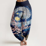 Buddha Stones Pure Cotton Starry Blossom Swirl Pattern Women's Elastic Waist Harem Pants