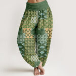 Buddha Stones Pure Cotton Bohemian Geometric Patchwork Pattern Women's Elastic Waist Harem Pants