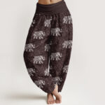 Buddha Stones Pure Cotton White Elephant Pattern Women's Elastic Waist Harem Pants