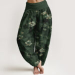 Buddha Stones Pure Cotton Vintage Lotus Floral Pattern Women's Elastic Waist Harem Pants