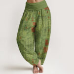 Buddha Stones Pure Cotton Chinese Calligraphy Seal Pattern Women's Elastic Waist Harem Pants