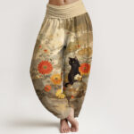 Buddha Stones Pure Cotton Vintage Black Cat Floral Pattern Women's Elastic Waist Harem Pants
