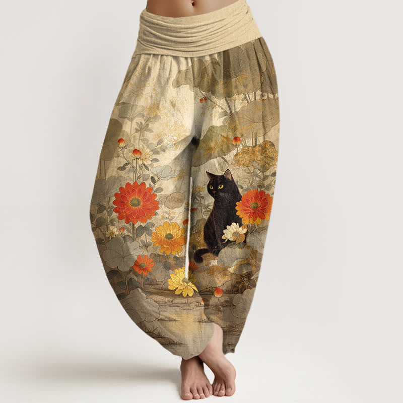 1782189990_6669f595-d1d9-468e-879d-9ed0f34b79eb Buddha Stones Pure Cotton Vintage Black Cat Floral Pattern Women's Elastic Waist Harem Pants - Image 1