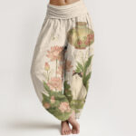 Buddha Stones Pure Cotton Beige Lotus Pattern Women's Elastic Waist Harem Pants