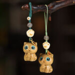 Buddha Stones Green Sandalwood Cat Hand-Woven Soothing Keychains