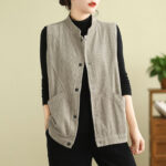 Buddha Stones Plain Sleeveless Women's Vest Corduroy Waistcoat With Pockets