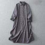 Buddha Stones LightSteelBlue White Striped Long Sleeve Lapel Midi Dress With Pockets